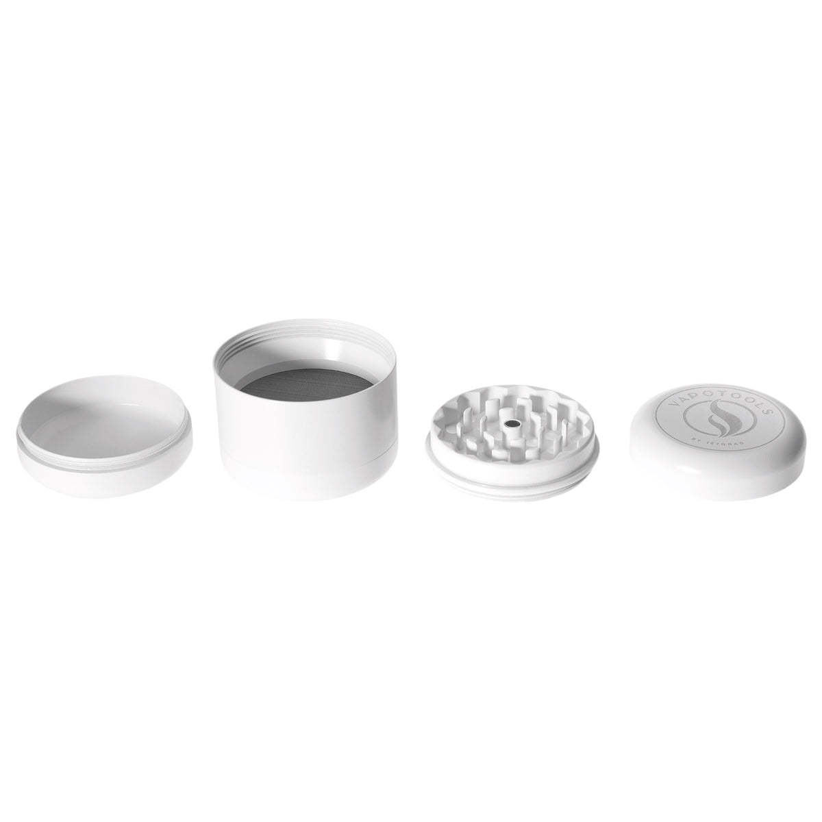 Vapotools by 157Grad Ceramic Herb Grinder 4teilig Weiss geöffnet alle 4 Teile nebeneinander