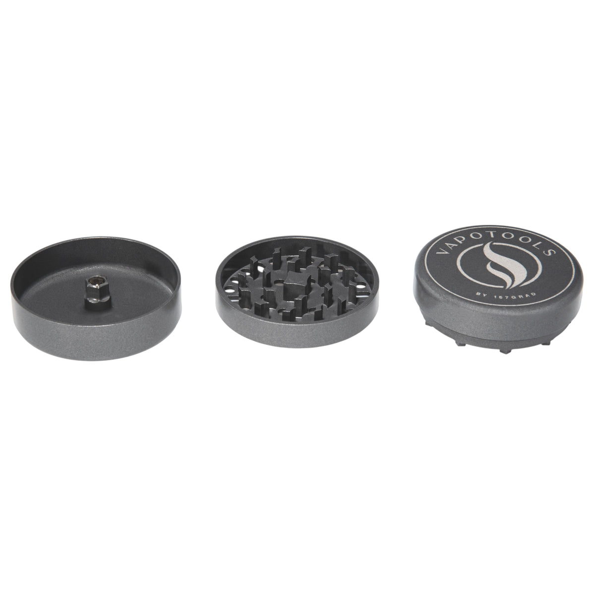 Vapotools by 157Grad Ceramic Ultra Grinder Grau geöffnet in 3 Teile nebeneinander Details Logo