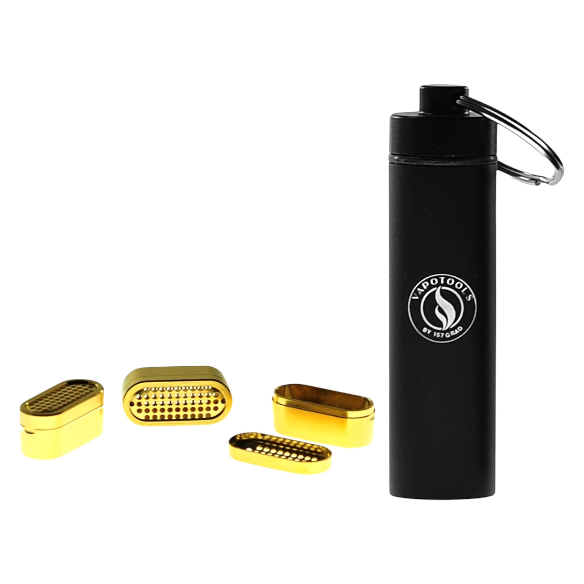 Vapotools by 157Grad vergoldetene Dosierkapseln 3er Set mit Caddy passend für Pax Flow eine Dosierkapsel geöffnet