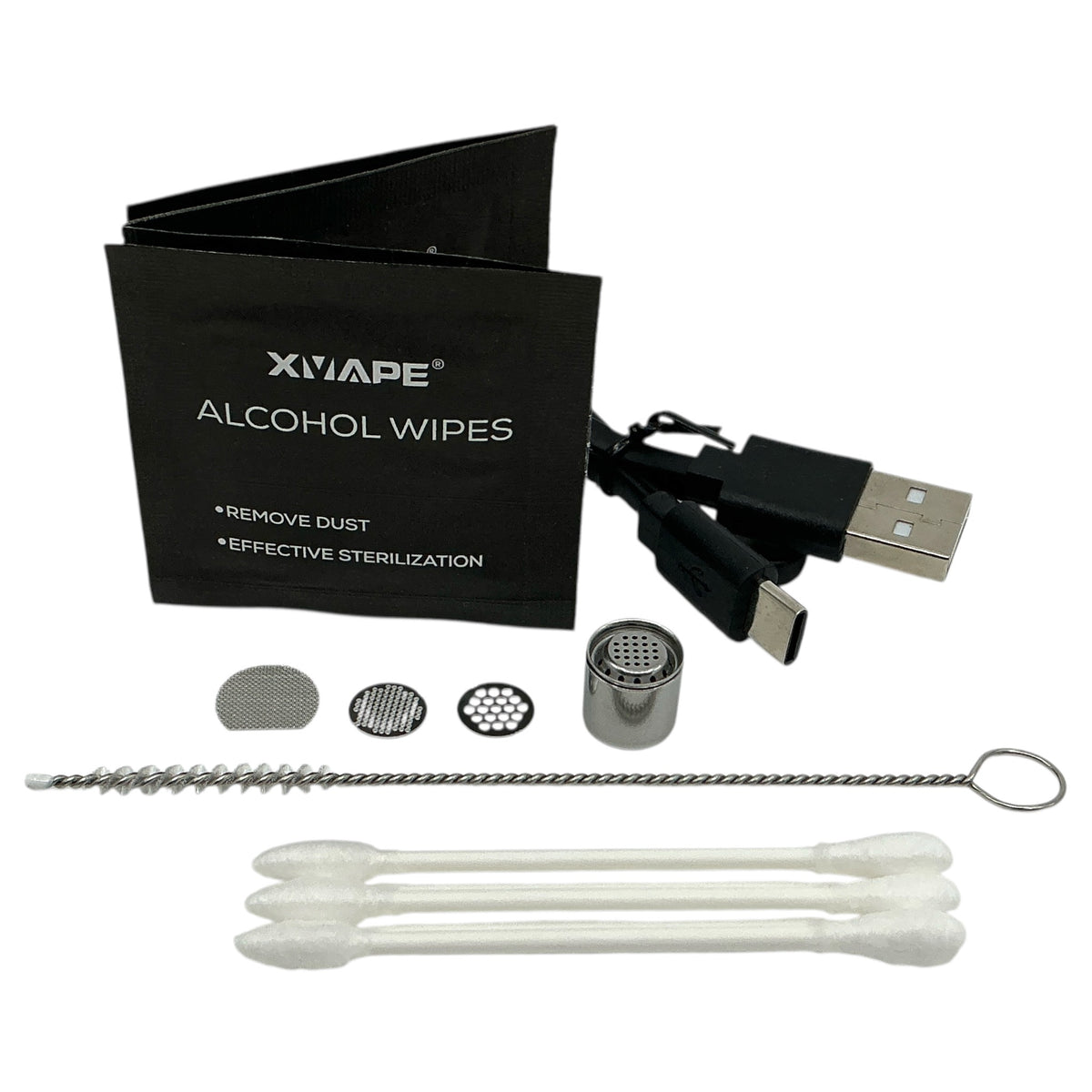 Zubehör des XVape Lanza mit Ladekabel, Sieben, Bürste und Reinigungstüchern