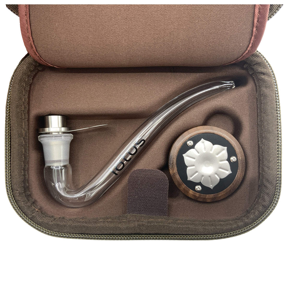 INHALE Lotus Walnuss im geöffneten Etui mit Glaspfeife und Adapter