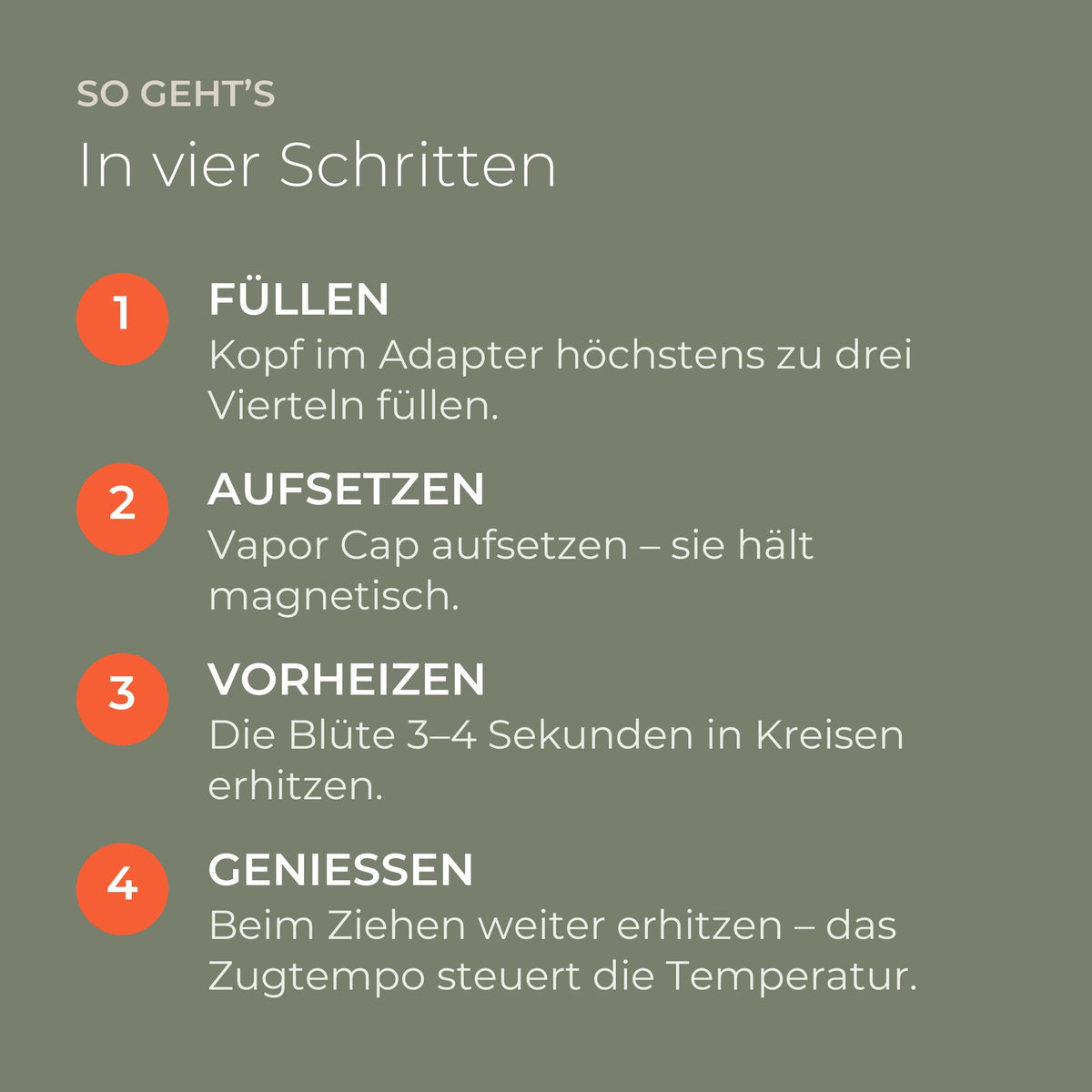So geht’s: Kopf füllen, Vapor Cap aufsetzen, heizen und dabei von Anfang an leicht ziehen, langsamer ziehen heißt heißer