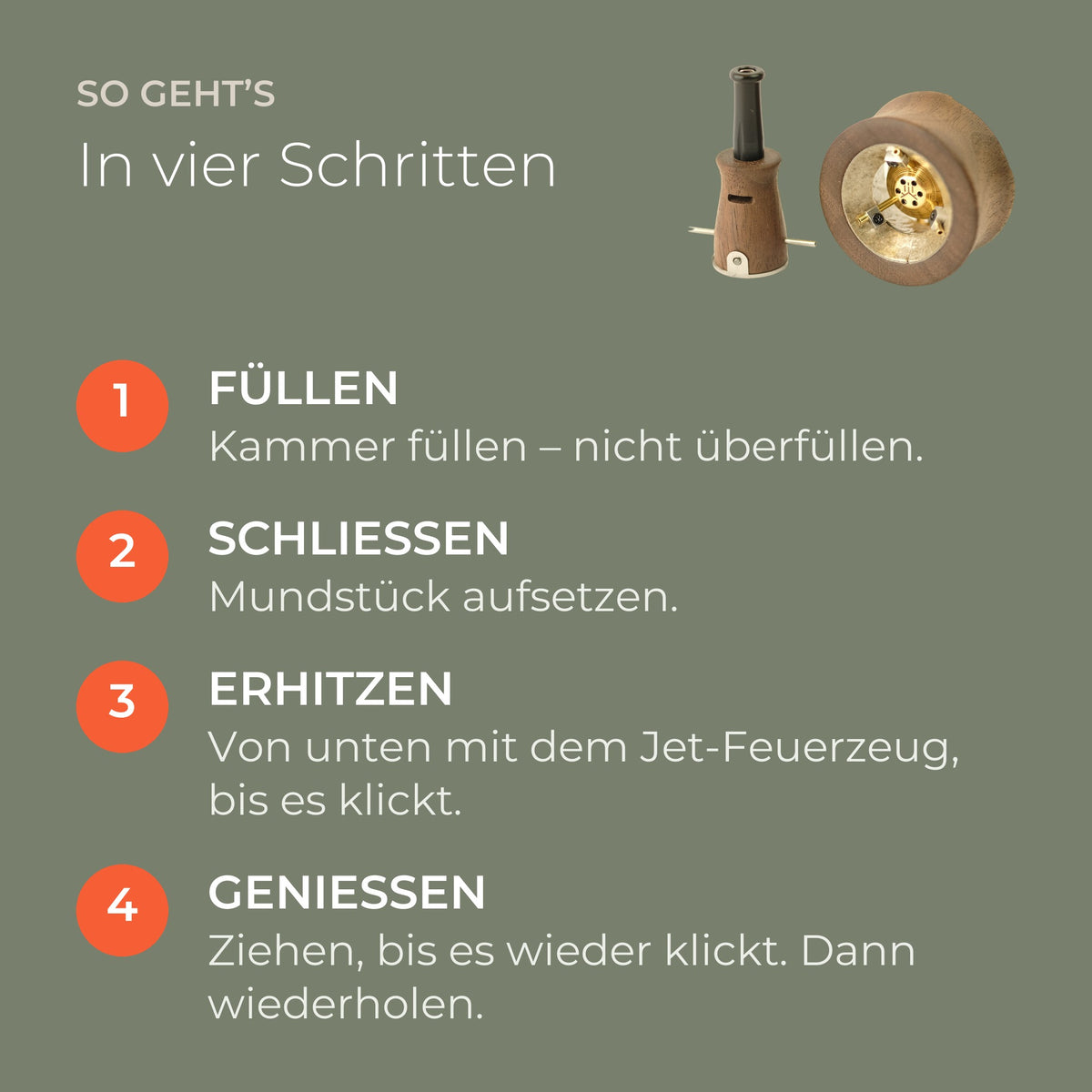 Infografik Vapman Click in vier Schritten: füllen, schließen, erhitzen, genießen