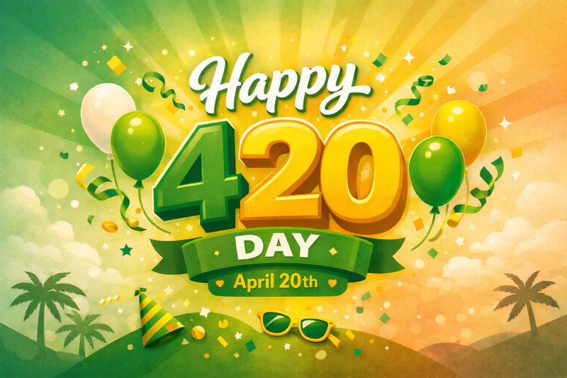 Grafik Happy 420 Day am 20. April mit Ballons und Konfetti