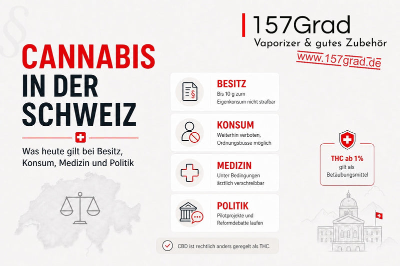 Infografik zur Rechtslage von Cannabis in der Schweiz: Besitz, Konsum, Medizin und Politik