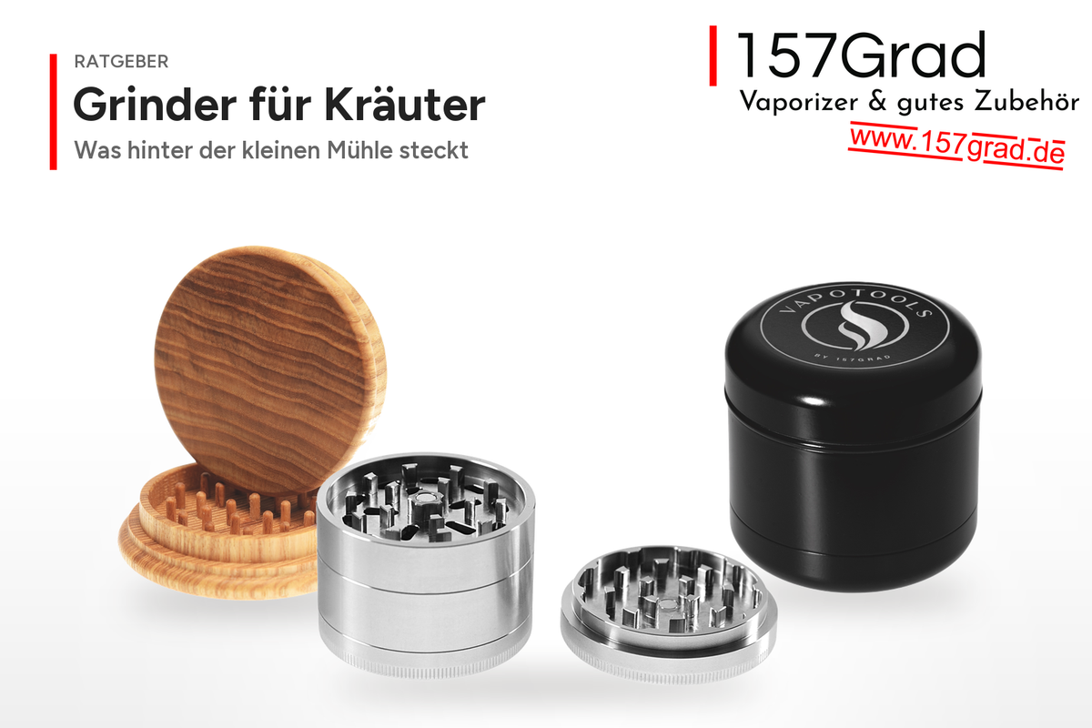 Drei Grinder für Kräuter: Canamix Holz-Grinder aus Esche, geöffneter Vapotools Edelstahl-Grinder mit Mahlzähnen und schwarzer Vapotools Ceramic Herb Grinder