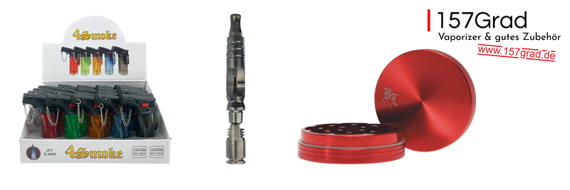 Feuerzeug-Display, Glasaufsatz und roter Aluminium-Grinder aus dem Headshop-Sortiment