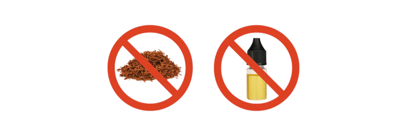 Verbotszeichen über Tabak und E-Liquid – beides gehört nicht in einen Kräuter-Vaporizer