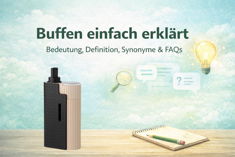 Grafik „Buffen einfach erklärt“ mit Vaporizer, Lupe und Notizblock
