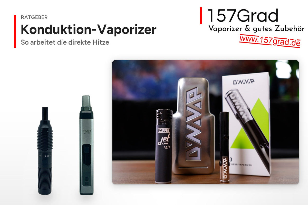 Konduktion-Vaporizer: HIZEN Stilus Mini und XMax V4 Pro, daneben DynaVap G3 mit Feuerzeug, Dose und Verpackung
