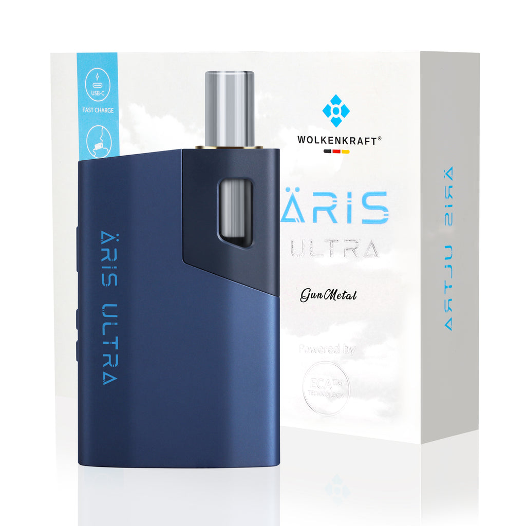 Wolkenkraft Äris Ultra Farbe Nightblue Verpackung und Vaporizer