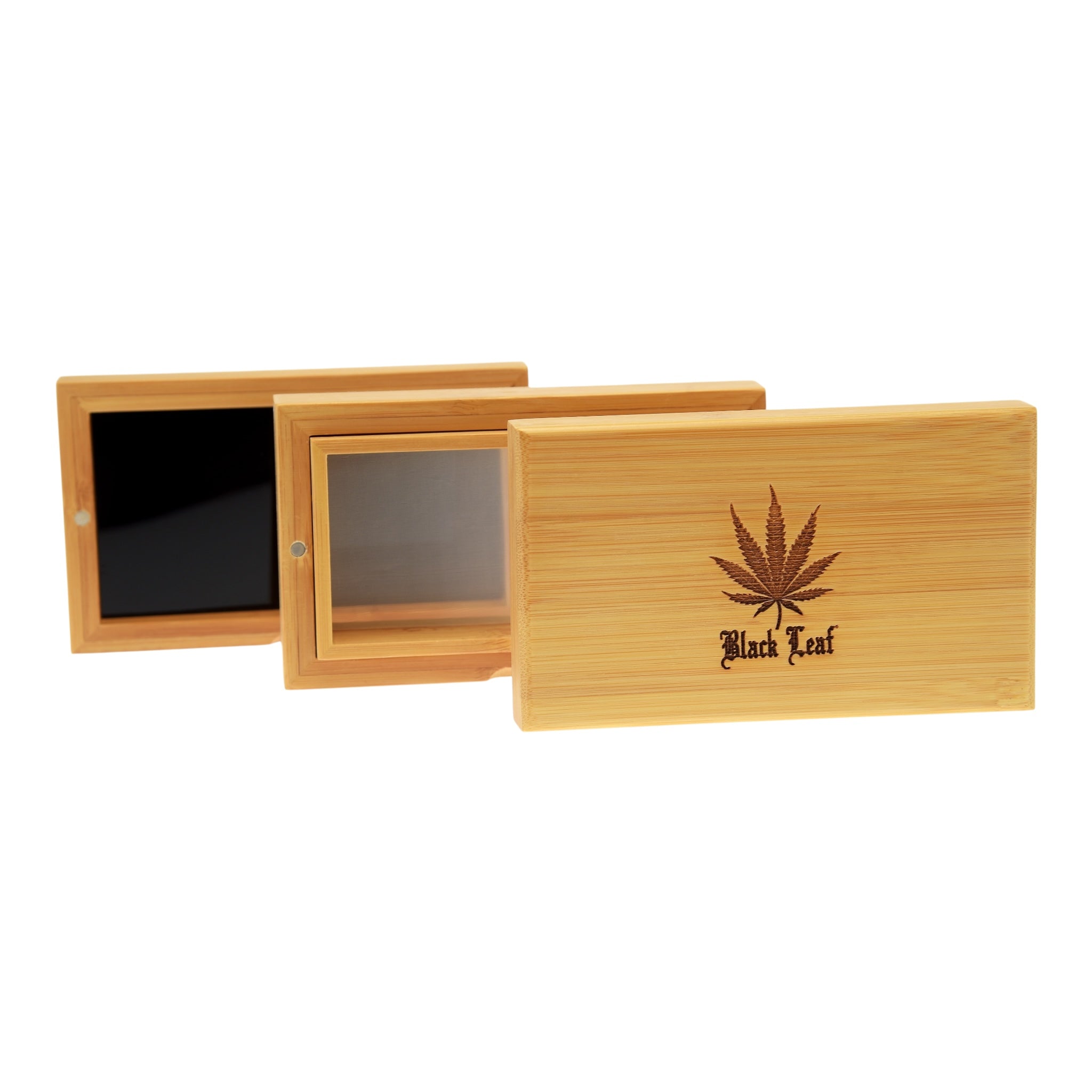Black Leaf Aufbewahrungskiste aus Bambus kleine Innenbox geöffnet alle 3 Teile im Detail