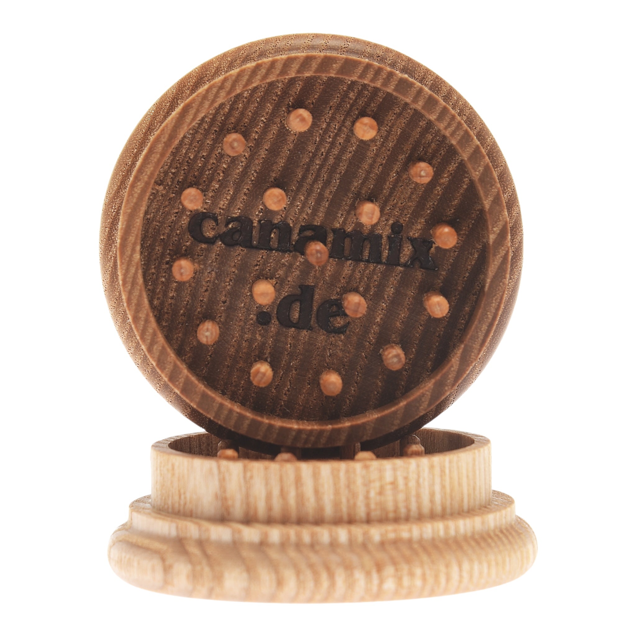 Canamix Grinder aus Esche mit Holzstiften  60mm geöffnet Details Mahlwerk mit Logo