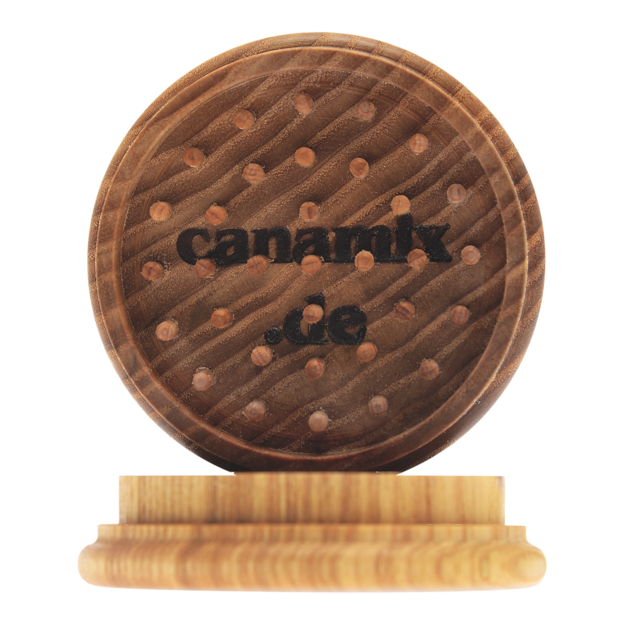 Canamix Grinder aus Esche mit Holzstiften geöffnet Details Innenansicht Deckel mit Logo