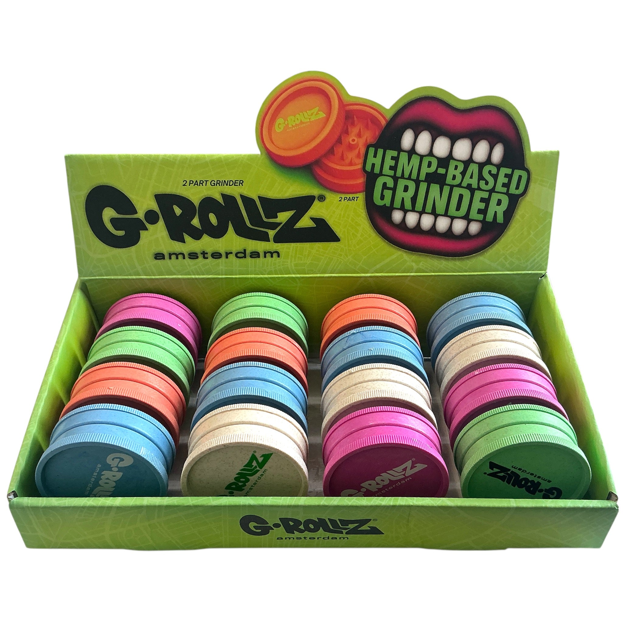 G-Rollz Hemp Grinder 2tlg verschiedene Farben im Display schräg von oben