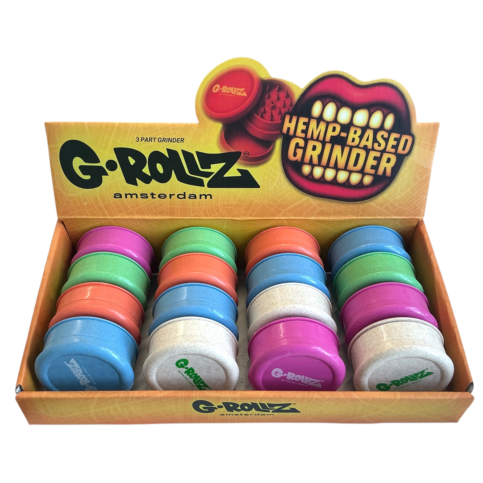 G-Rollz Hemp Grinder 3tlg verschiedene Farben im Display  schräg von oben