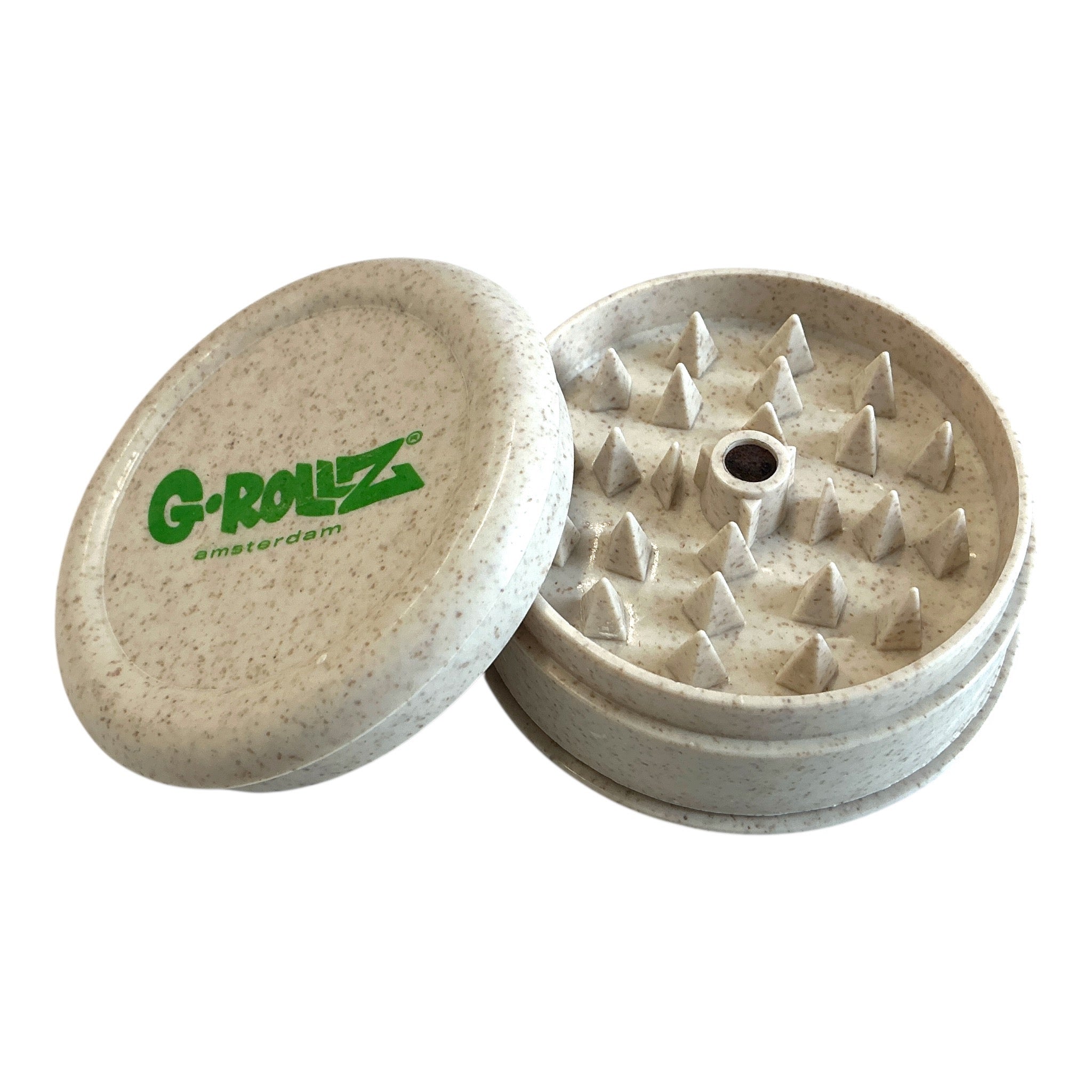 G-Rollz Hemp Grinder 3tlg  WeissDeckel geöffnet Details Mahlwerk