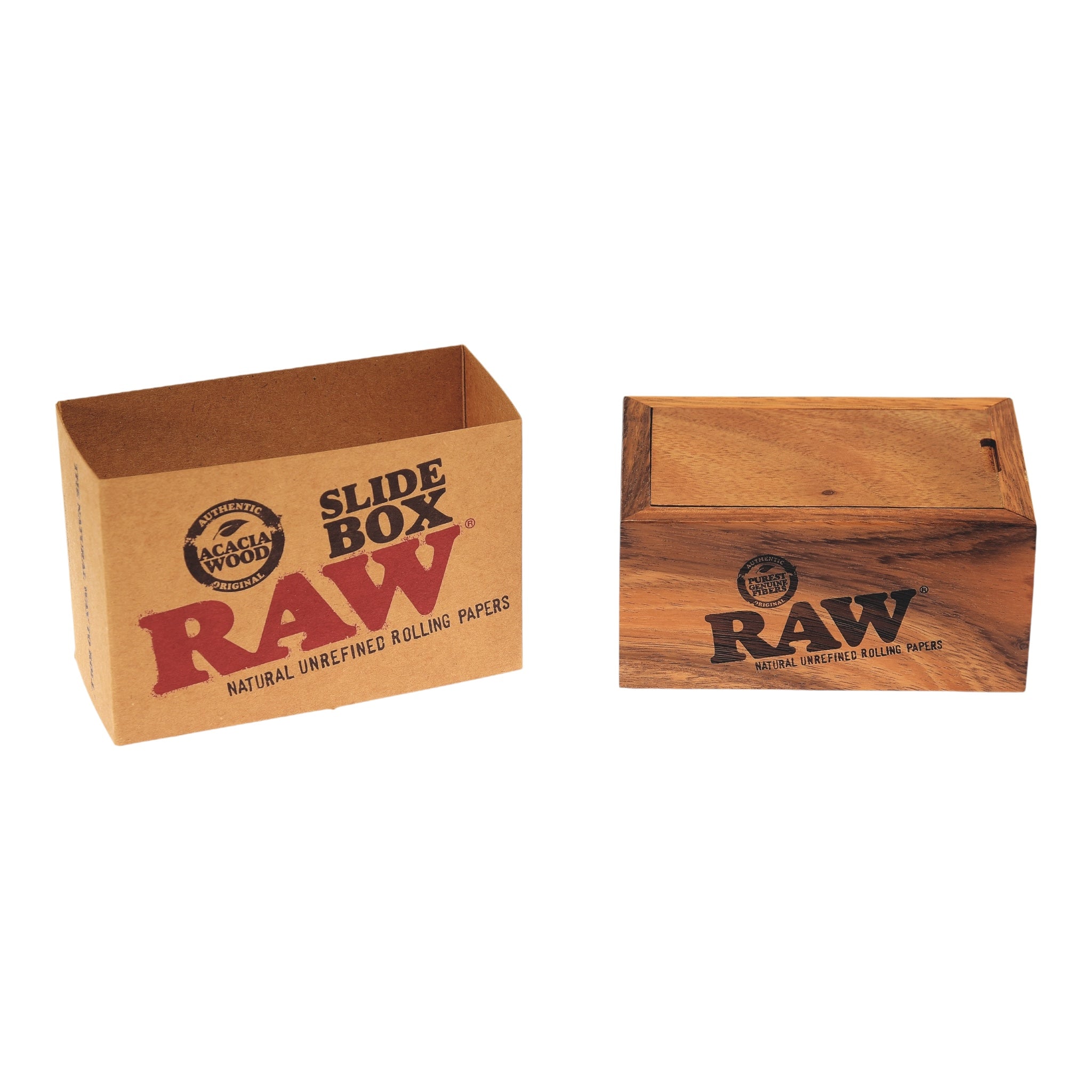 RAW Holzbox mit Schiebedeckel ausgepackt mit Banderole daneben