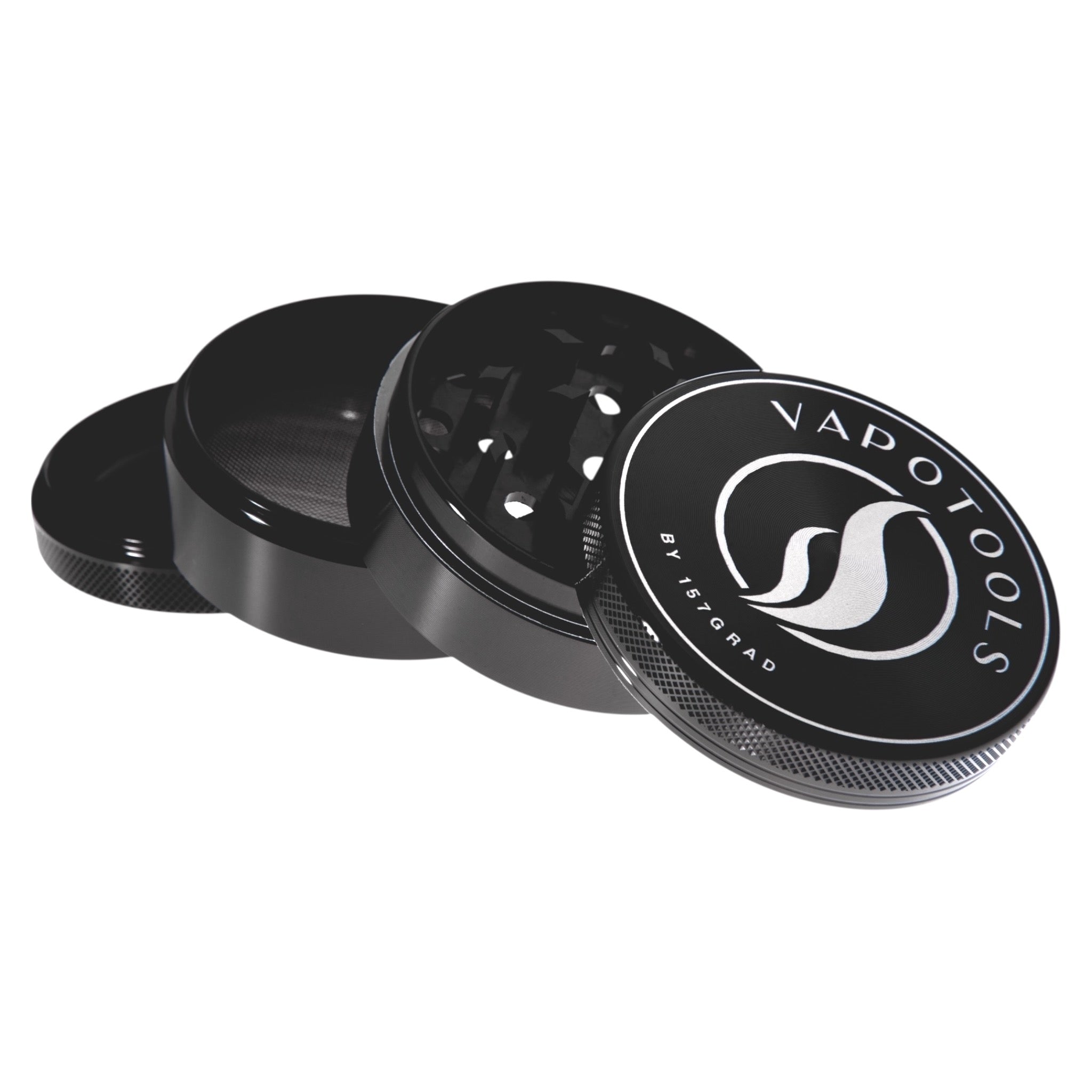 Vapotools by 157Grad Aluminium Premium Grinder Schwarz geöffnet schräg aufeinander