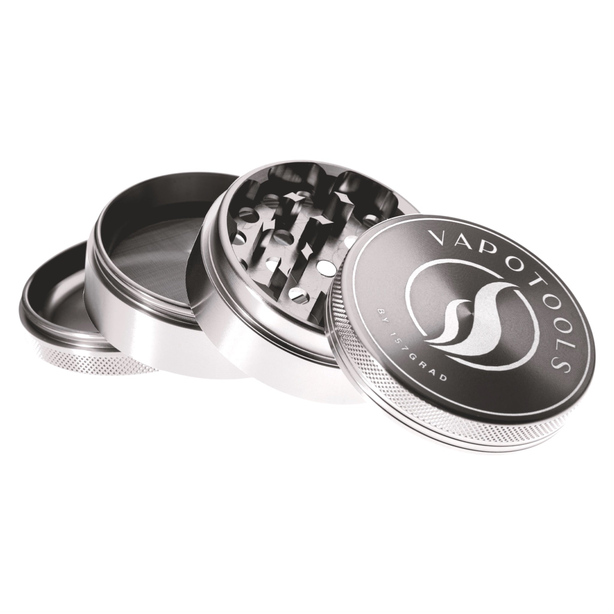 Vapotools by 157Grad Aluminium Premium Grinder Silber geöffnet schräg aufeinander