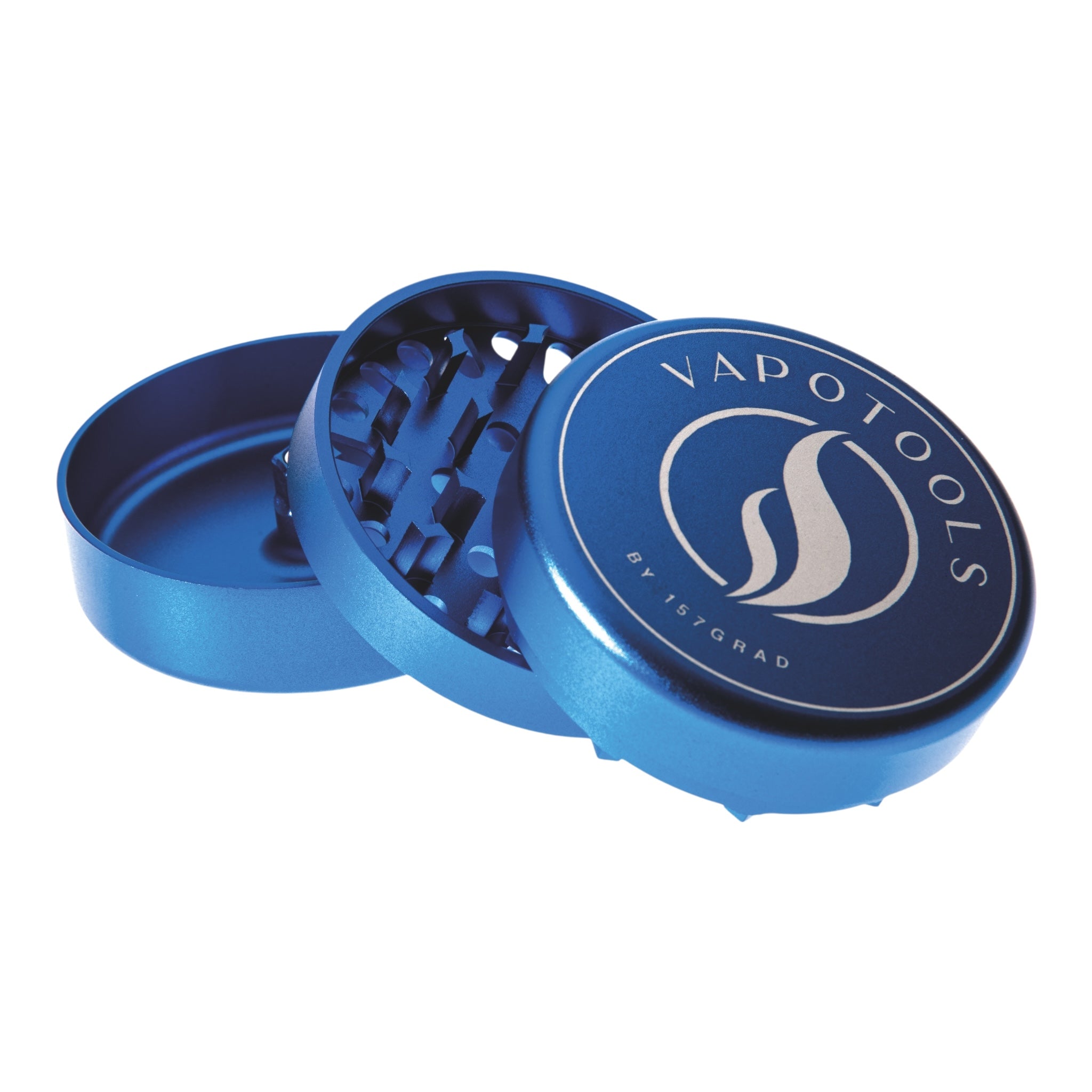 Vapotools by 157Grad Aluminium Ultra Grinder Blau geöffnet schräg aufeinander