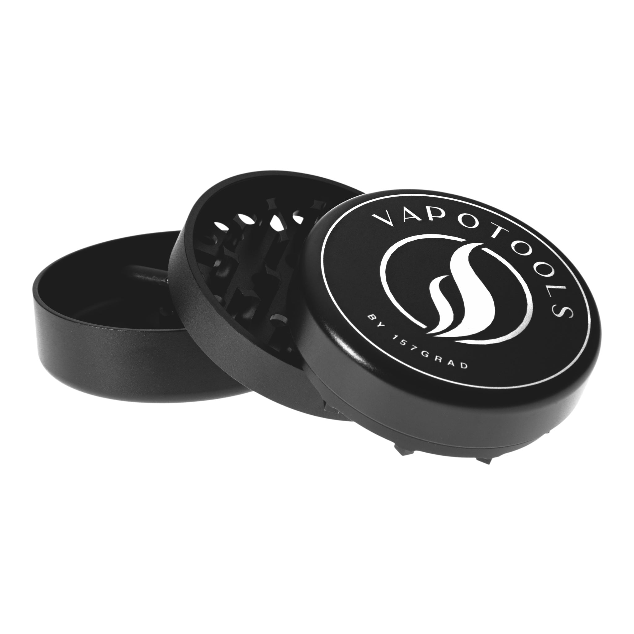 Vapotools by 157Grad Aluminium Ultra Grinder Schwarz geöffnet schräg aufeinander