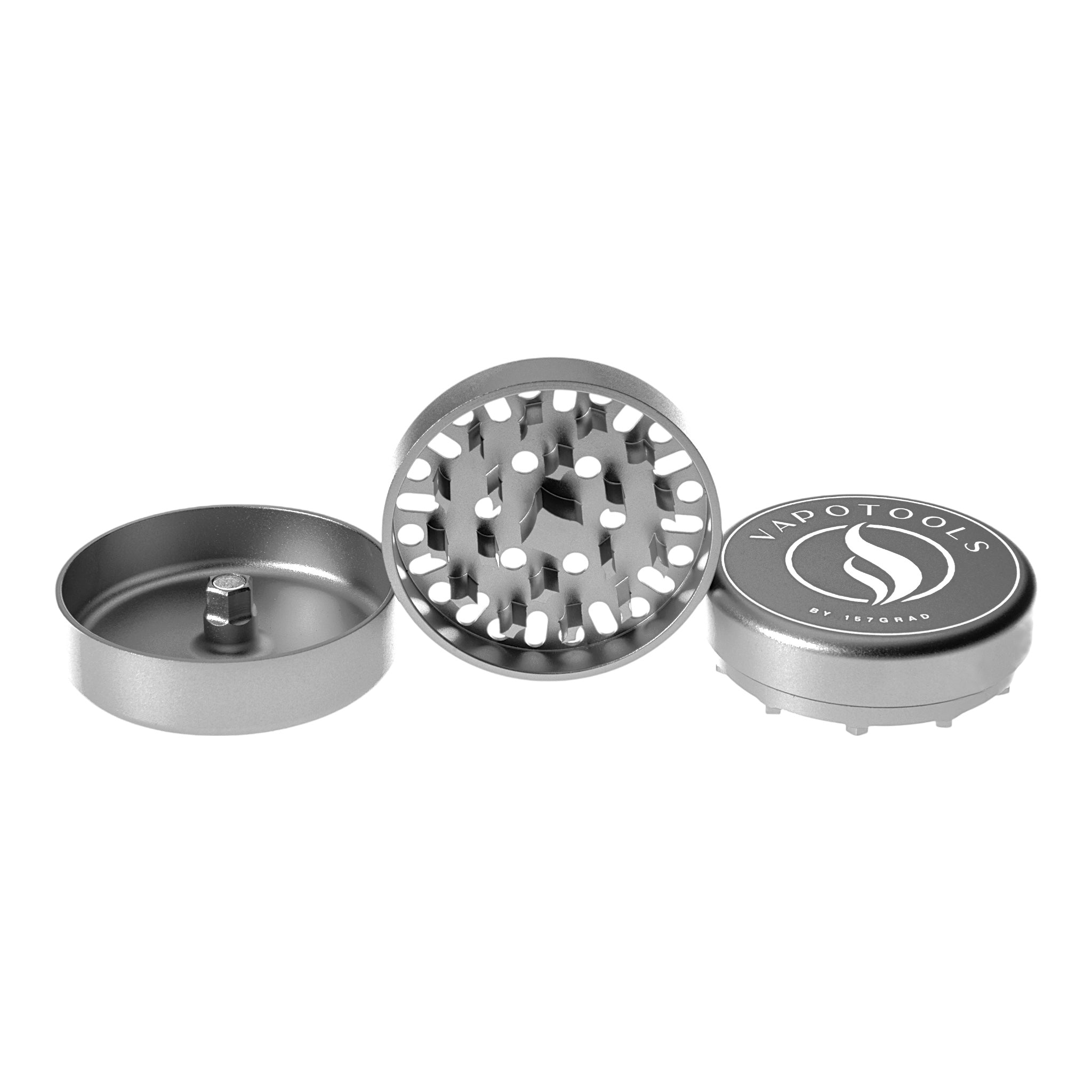Vapotools by 157Grad Aluminium Ultra Grinder Silber geöffnet Details Mahlwerk