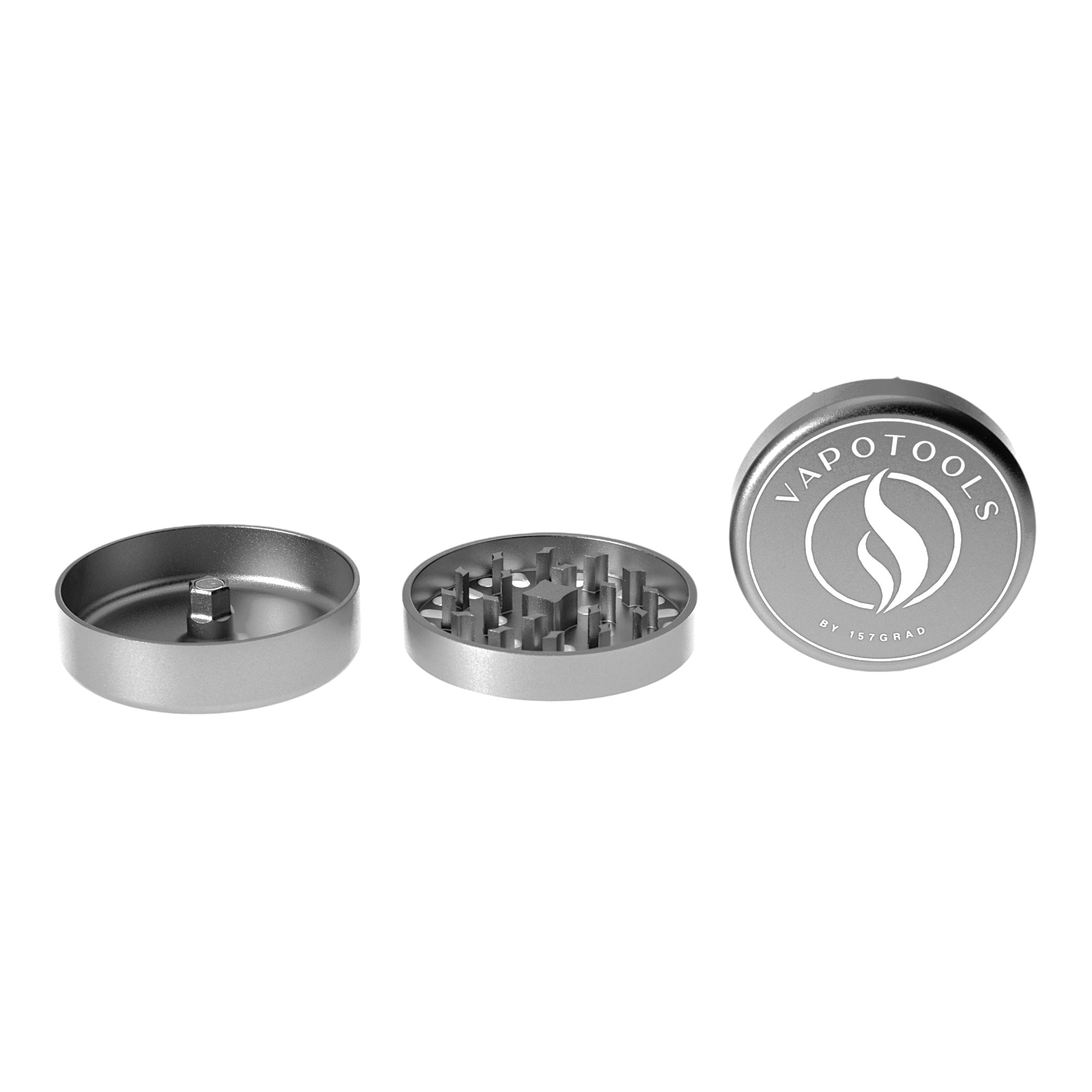 Vapotools by 157Grad Aluminium Ultra Grinder Silber geöffnet Details Deckel mit Logo