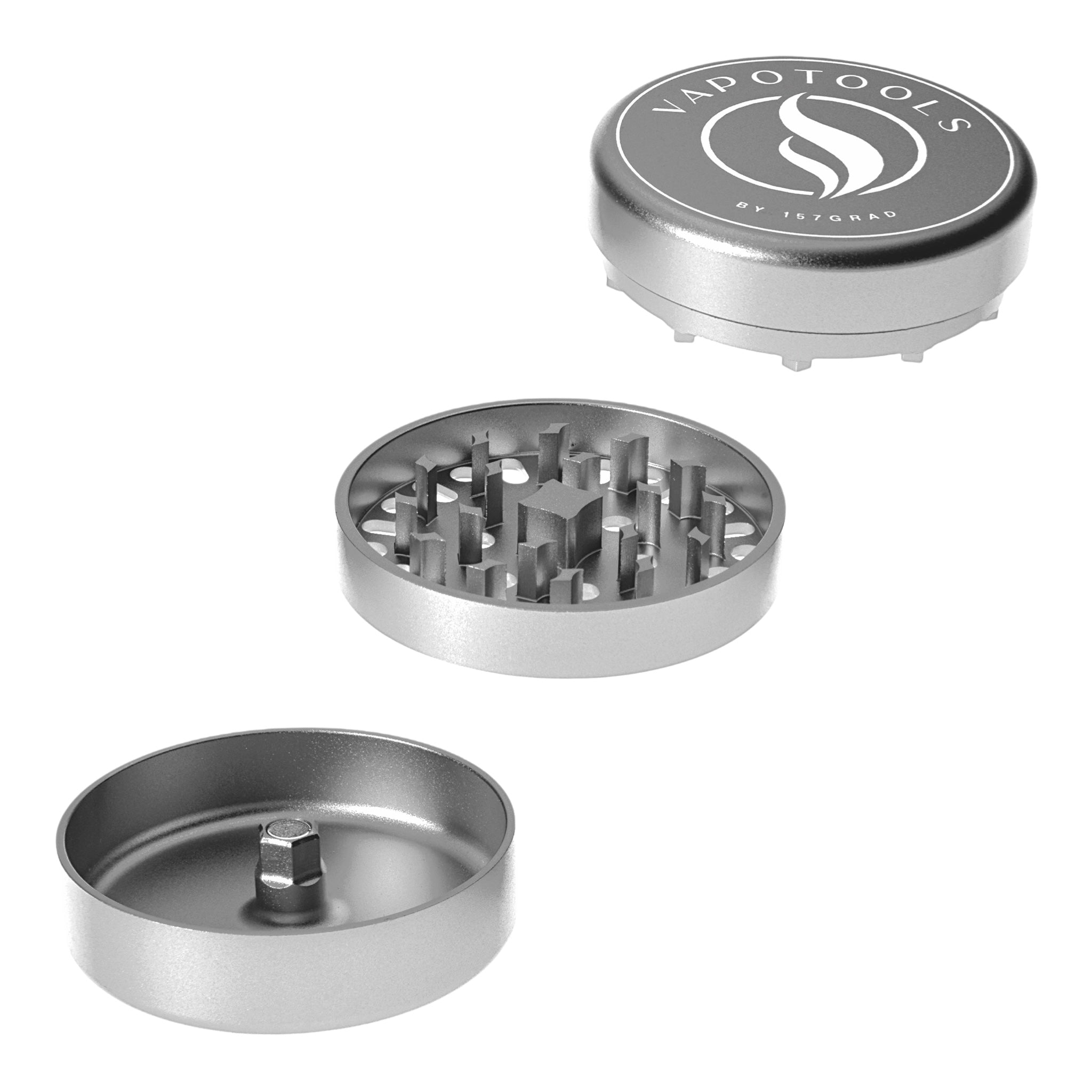 Vapotools by 157Grad Aluminium Ultra Grinder Silber geöffnet Details alle 3 Teile
