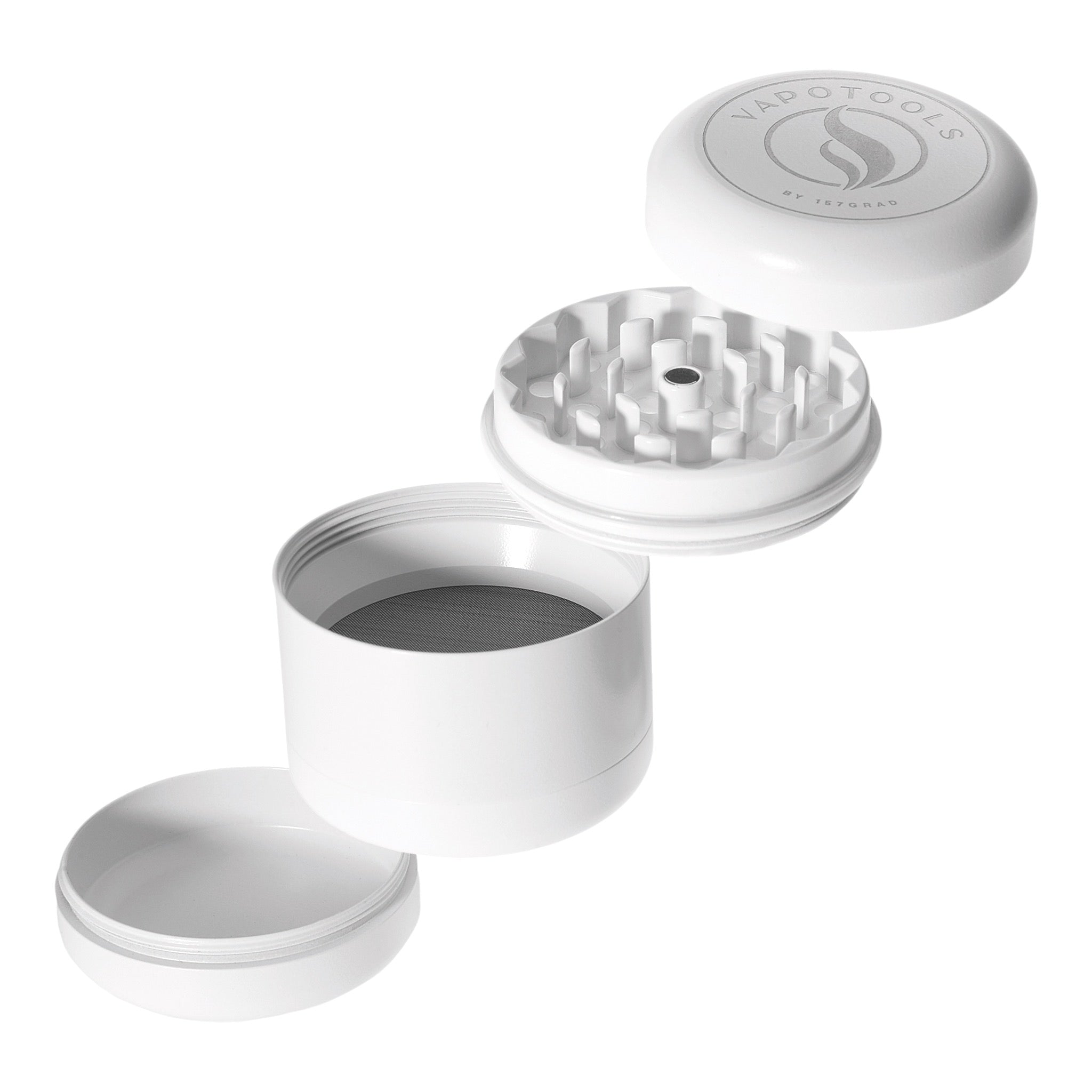Vapotools by 157Grad Ceramic Herb Grinder 4teilig Weiss geöffnet alle 4 Teile schräg aufeinander
