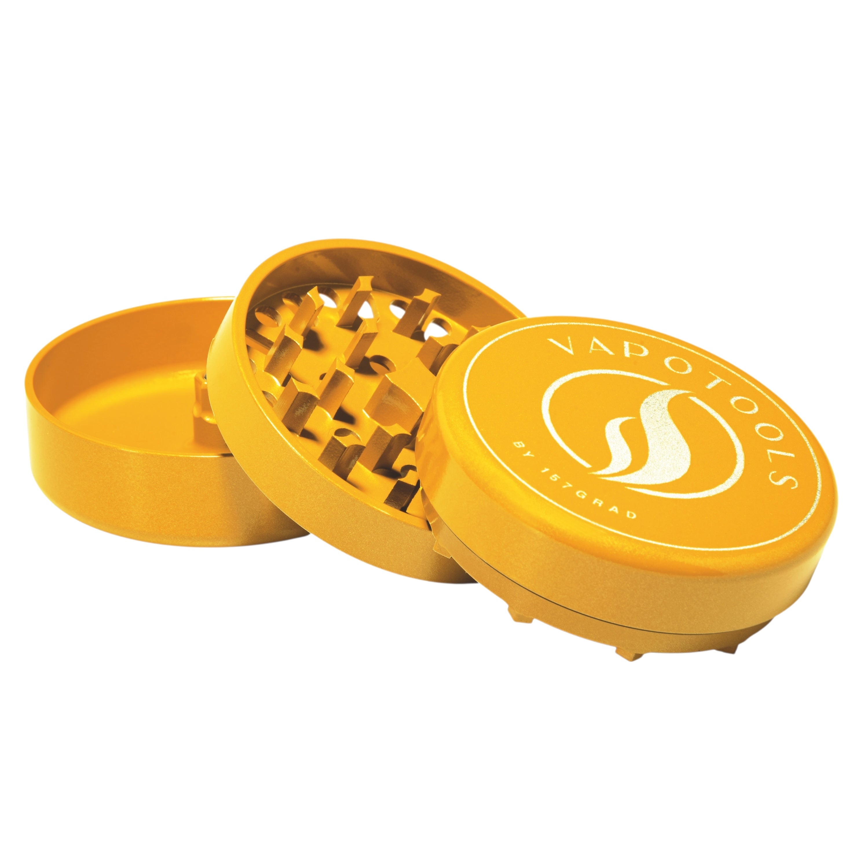 Vapotools by 157Grad Ceramic Ultra Grinder Gelb geöffnet in 3 Teile aufeinander