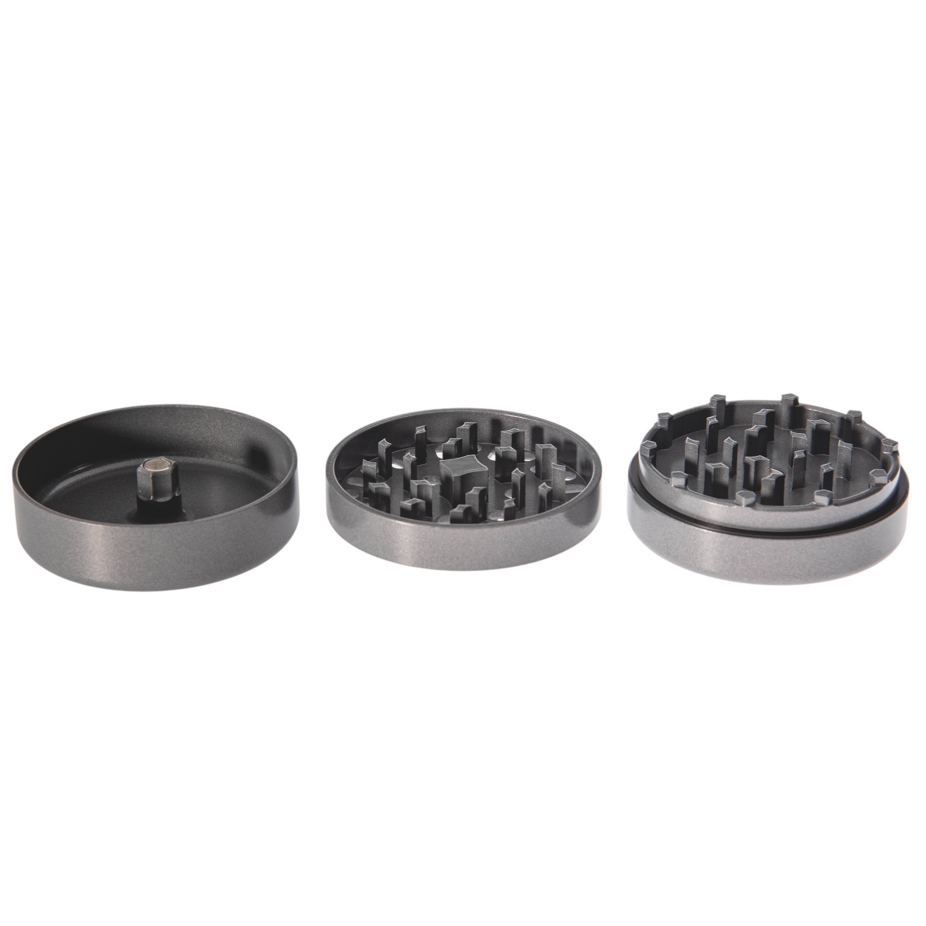 Vapotools by 157Grad Ceramic Ultra Grinder Grau geöffnet in 3 Teile nebeneinander Details Mahlwerk