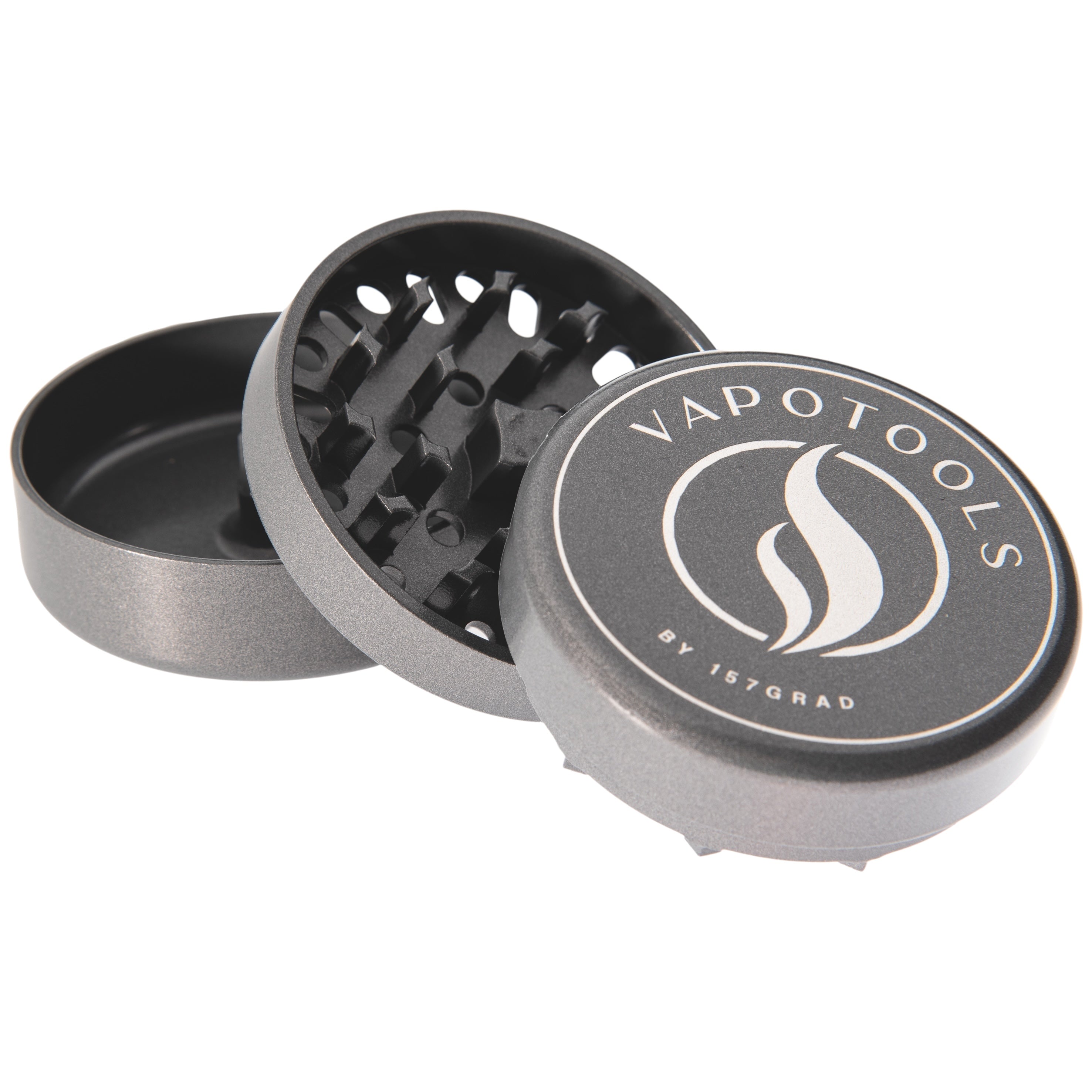 Vapotools by 157Grad Ceramic Ultra Grinder Grau geöffnet in 3 Teile aufeinander