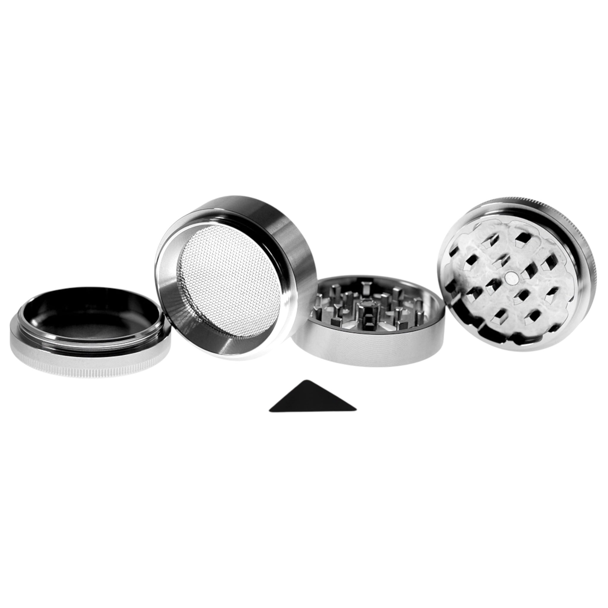 Vapotools by 157Grad Edelstahl-Grinder 4-tlg alle 4 Teile geöffnet Details Sieb, Mahlwerk und Spachtel
