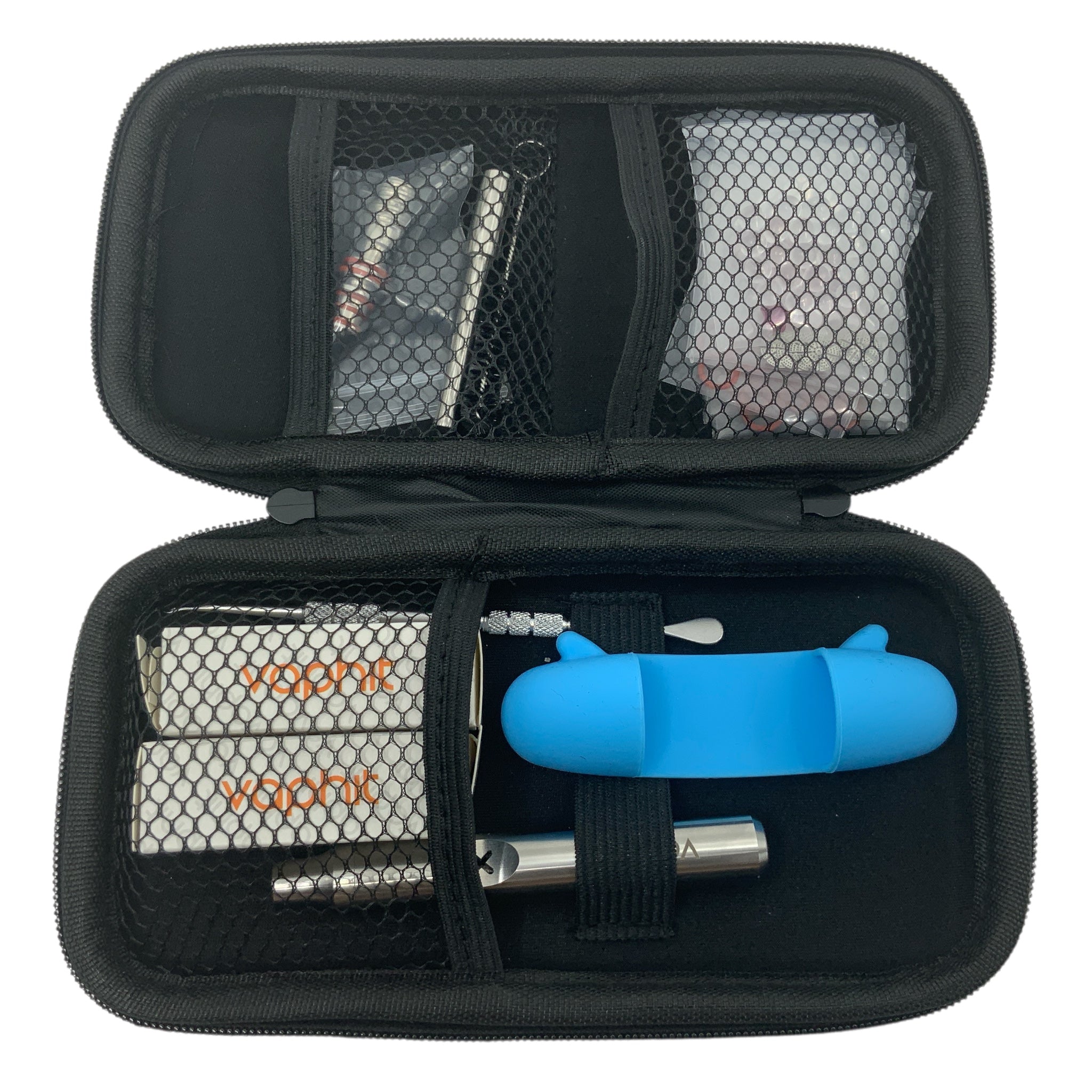 Vaphit X Edelstahl Kit - Mechanischer Verdampfer/Vaporizer Aufebwahrungstasche geöffnet mit Inhalt