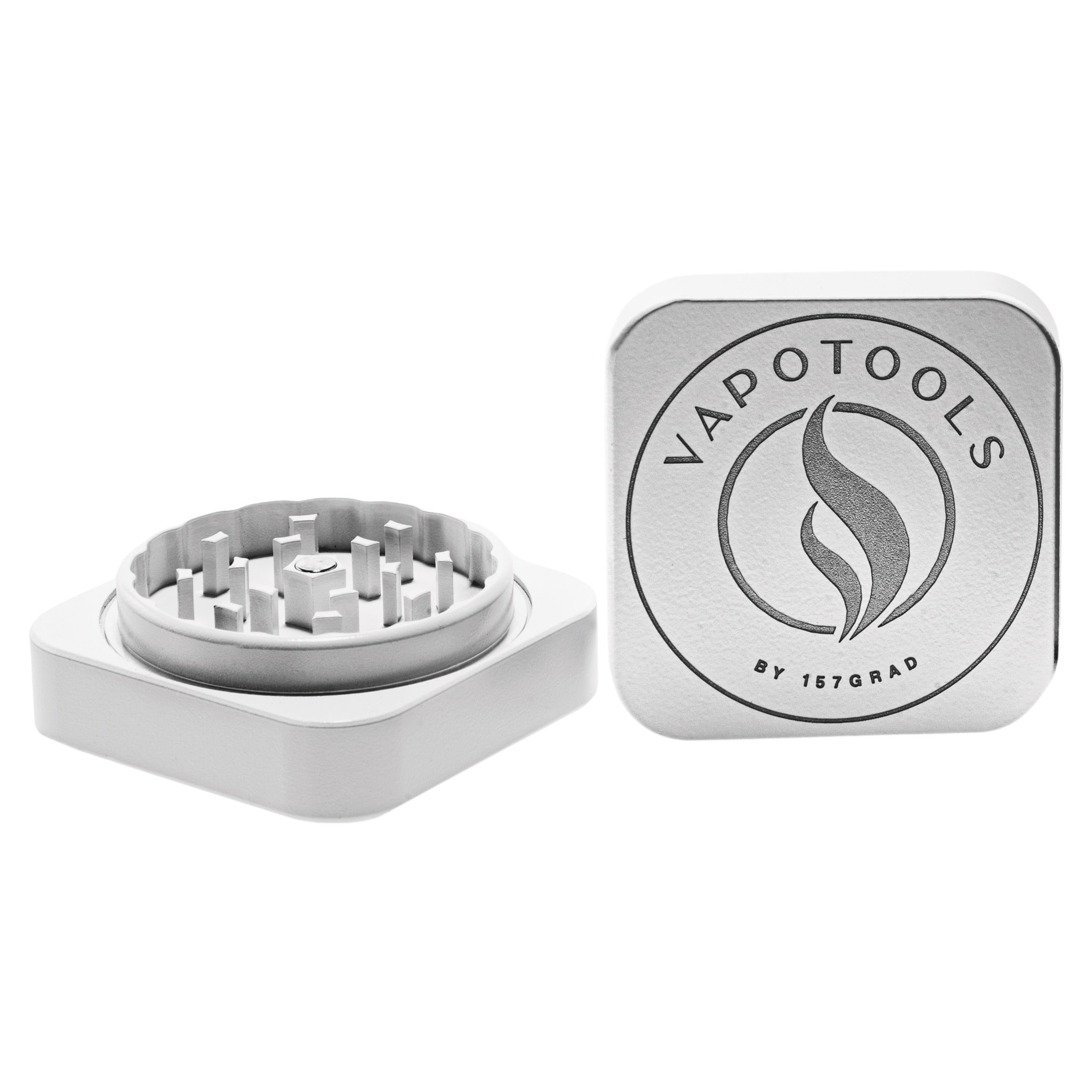 Vapotools by 157Grad Ceramic Square Grinder Weiss geöffnet mit Details Logo