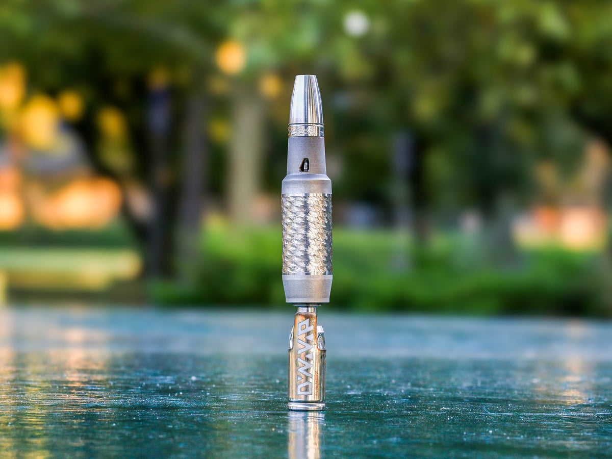 DynaVap VonG X an einer Wasserkante vor unscharfem Park