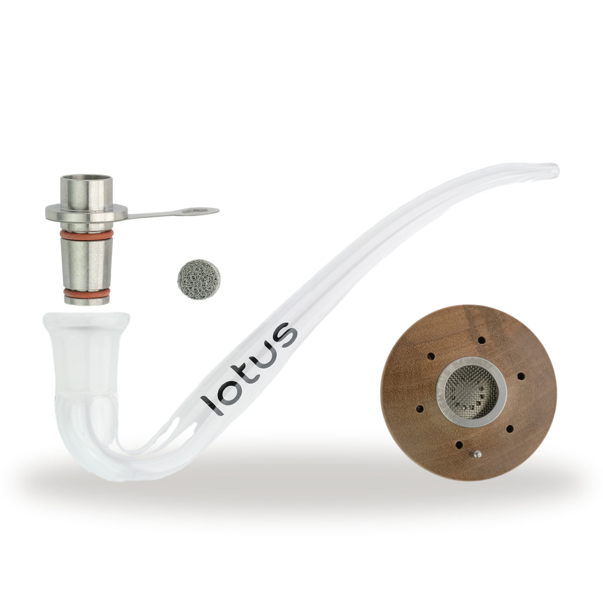 INHALE Lotus Vapor Cap aus Walnuss von unten mit Sieb, daneben Adapter und Glaspfeife