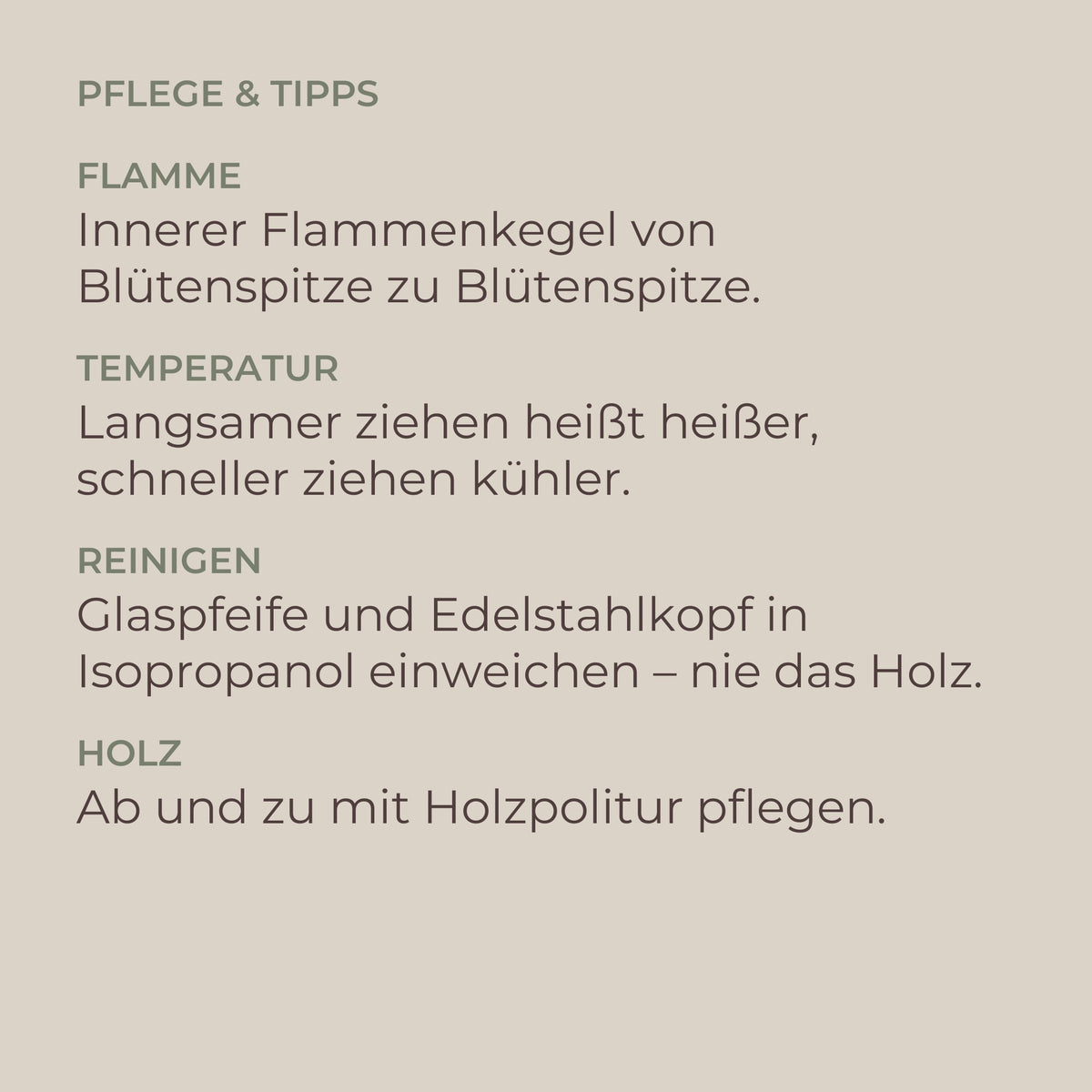 Pflege und Tipps zum INHALE Lotus: Flamme, Temperatur, Reinigen, Holz