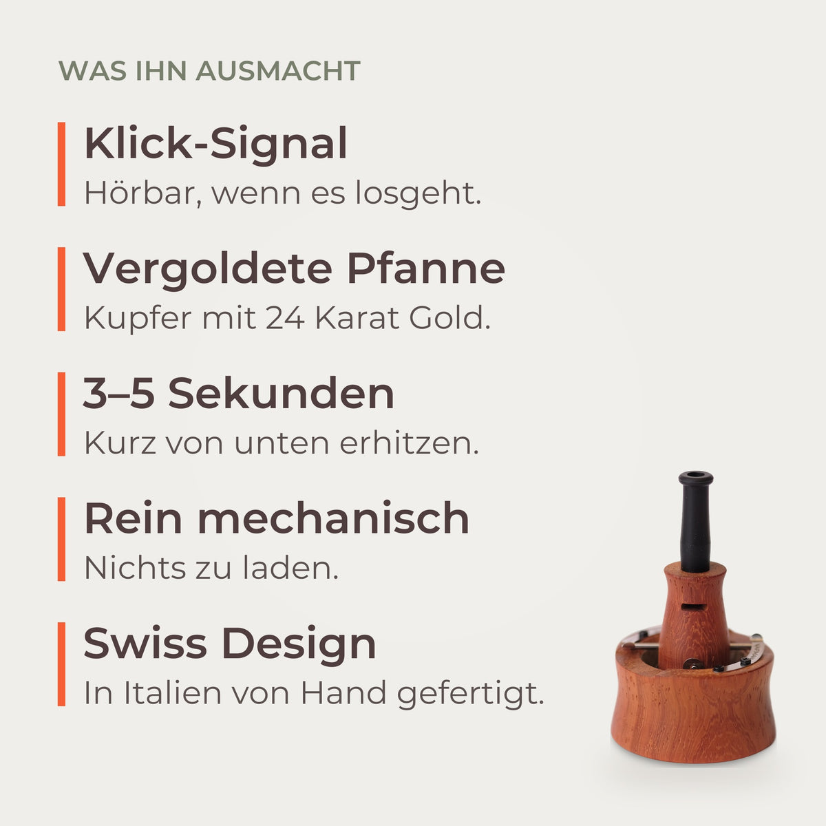 Infografik Vapman Click: Klick-Signal, vergoldete Pfanne, 3–5 Sekunden, rein mechanisch, Swiss Design
